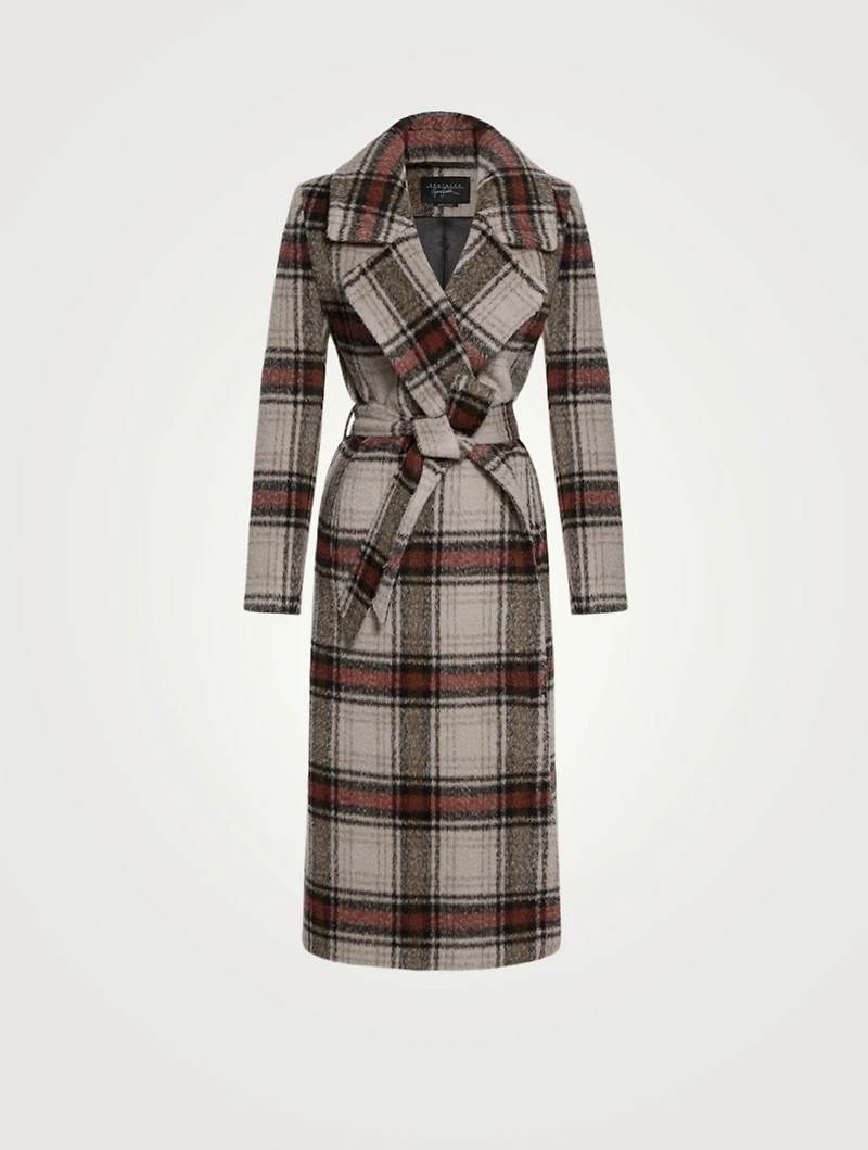 Alpaca Long Wrap Coat Plaid Print