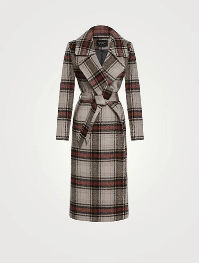 Alpaca Long Wrap Coat Plaid Print