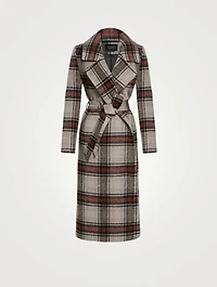 Alpaca Long Wrap Coat Plaid Print