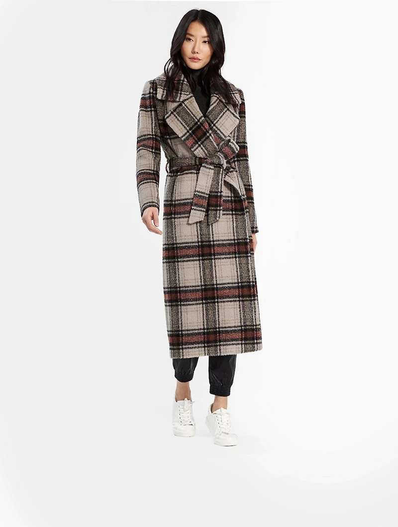 Alpaca Long Wrap Coat Plaid Print