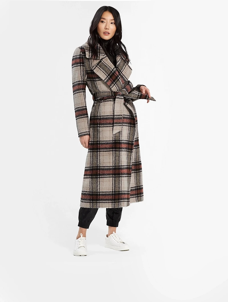 Alpaca Long Wrap Coat Plaid Print