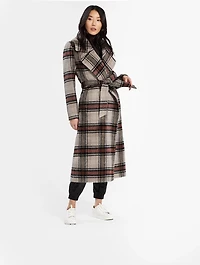 Alpaca Long Wrap Coat Plaid Print
