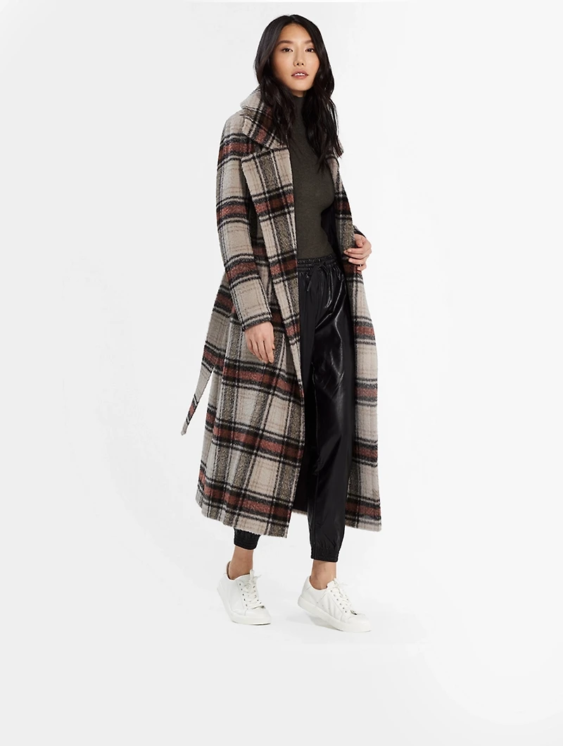 Alpaca Long Wrap Coat Plaid Print