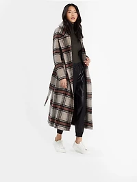 Alpaca Long Wrap Coat Plaid Print