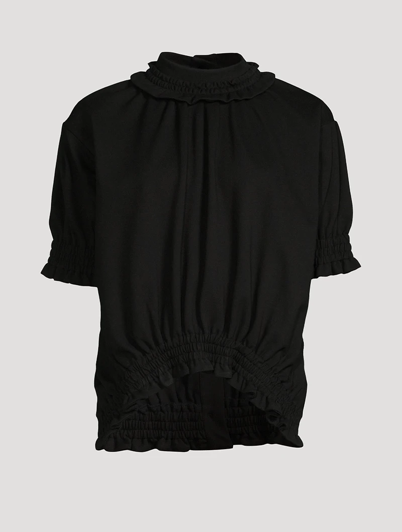 Spongey Ruched Jersey Puff-Sleeve Top