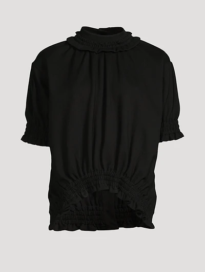 Spongey Ruched Jersey Puff-Sleeve Top
