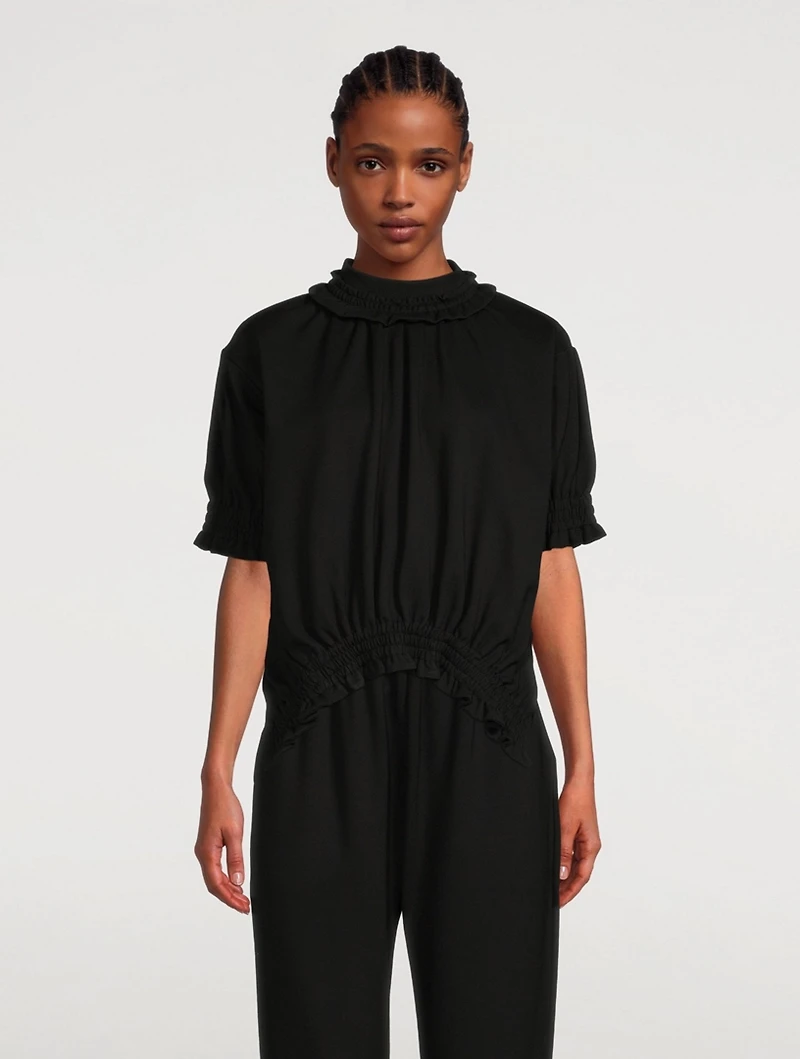 Spongey Ruched Jersey Puff-Sleeve Top