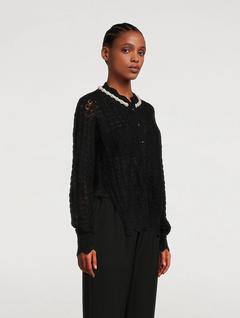 Scallop Edge Knit Cardigan With Beading