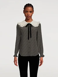 Frilled Crepe de Chine Silk Blouse Polka Dot Print