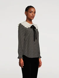 Frilled Crepe de Chine Silk Blouse Polka Dot Print
