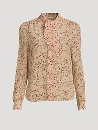 Crepe de Chine Silk Tie-Neck Blouse Floral Print