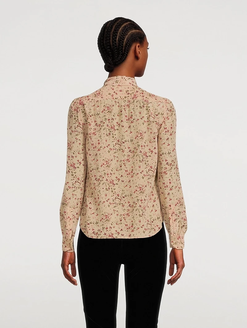 Crepe de Chine Silk Tie-Neck Blouse Floral Print