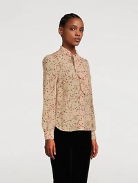 Crepe de Chine Silk Tie-Neck Blouse Floral Print