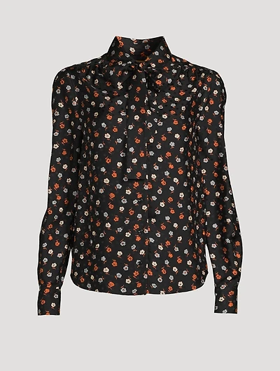 Cotton Tie-Neck Blouse Floral Print