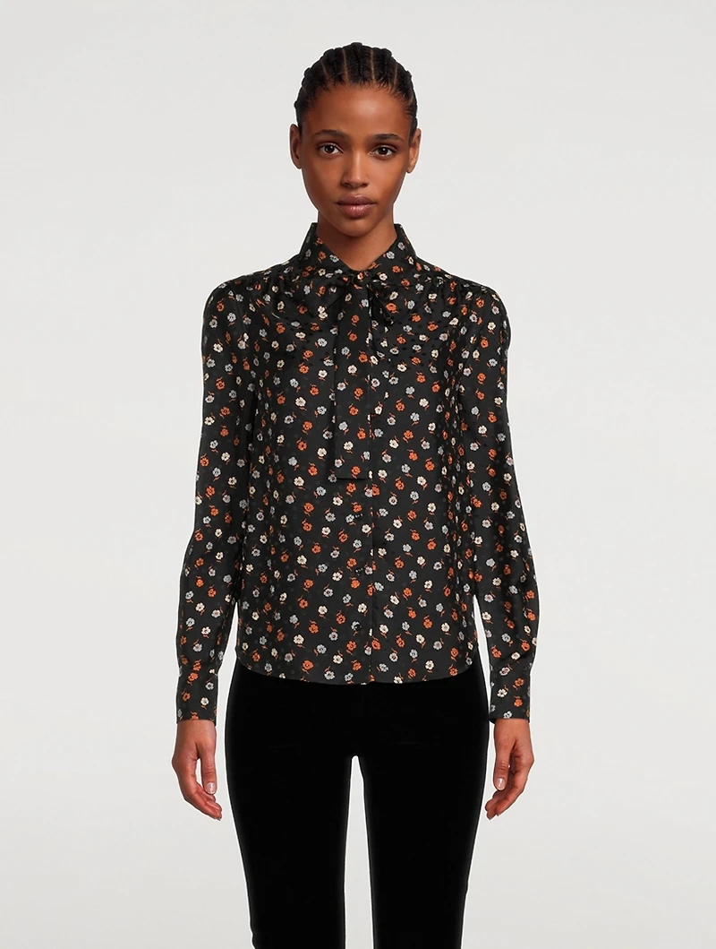 Cotton Tie-Neck Blouse Floral Print