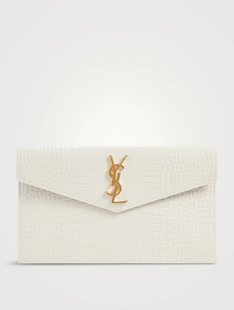 Medium Uptown YSL Monogram Croc-Embossed Leather Clutch