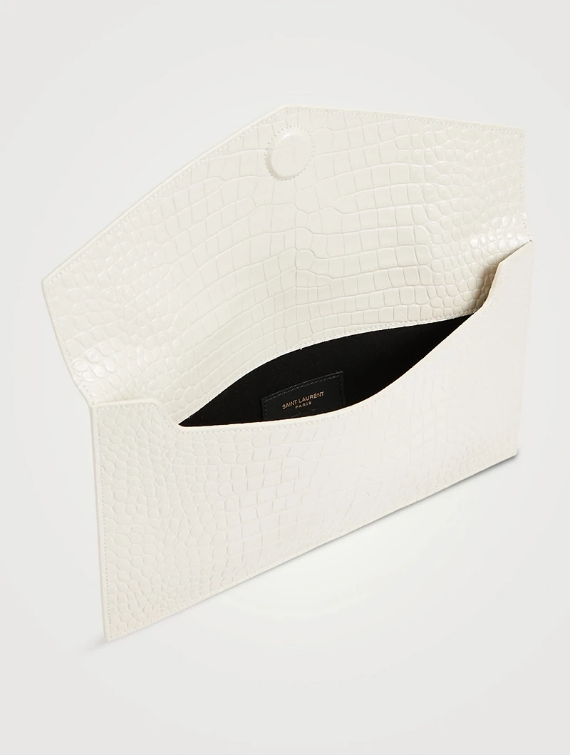Medium Uptown YSL Monogram Croc-Embossed Leather Clutch