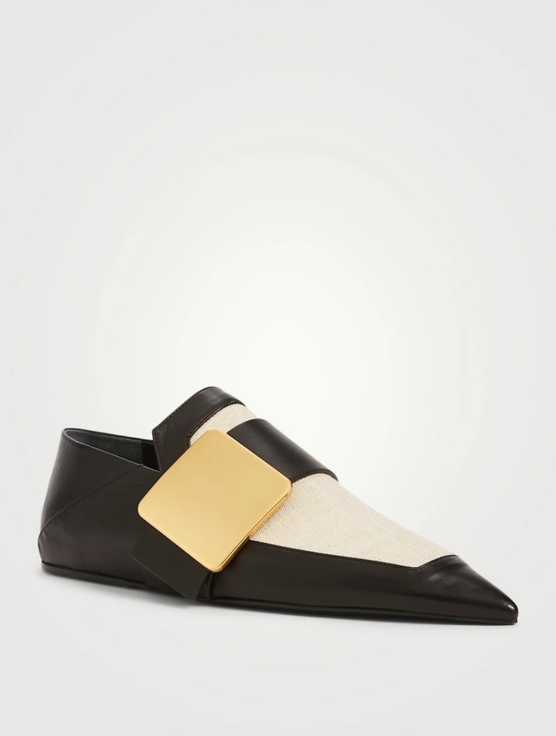 Leather And Canvas Flats With Buckle