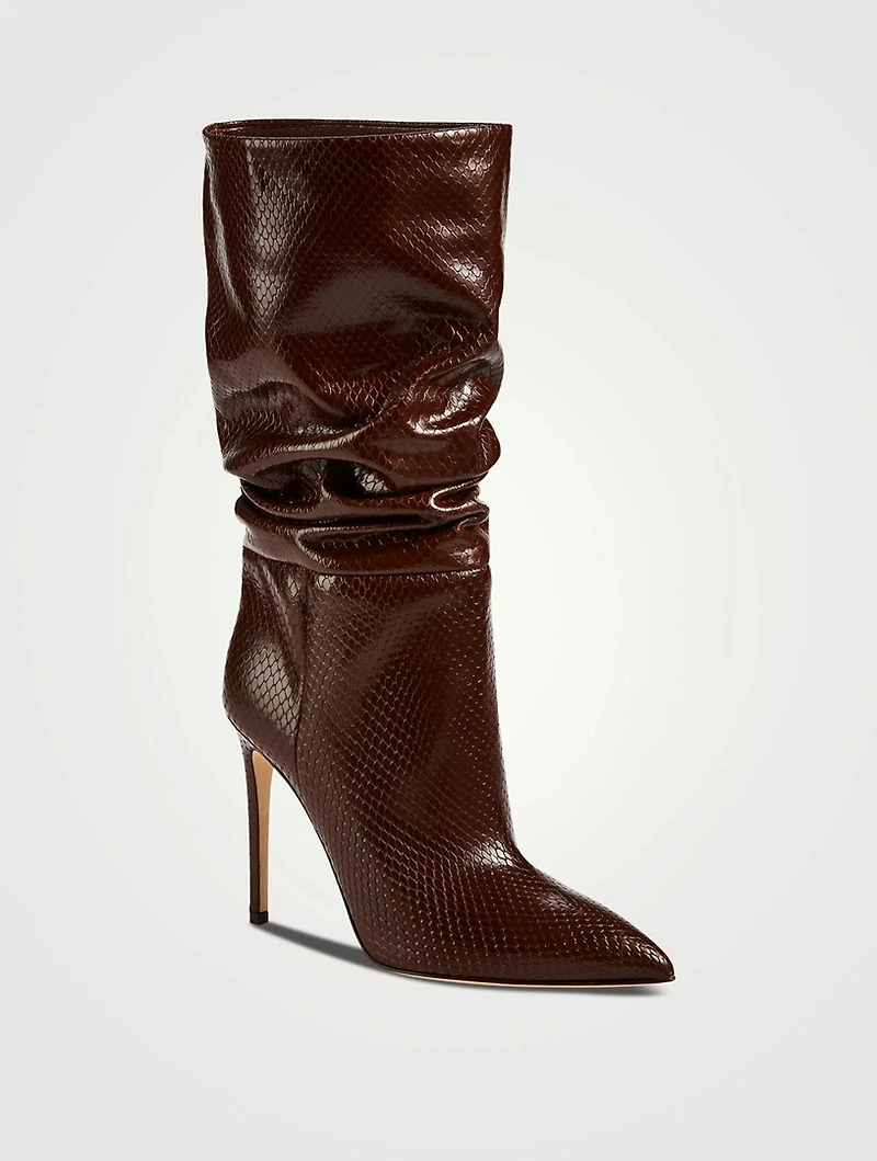 Slouchy Lizard-Embossed Leather Mid-Calf Boots
