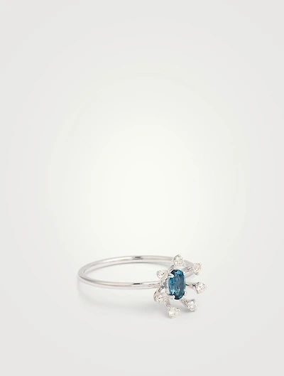 Bestow 18K White Gold Flower Ring With Blue Topaz And Diamonds