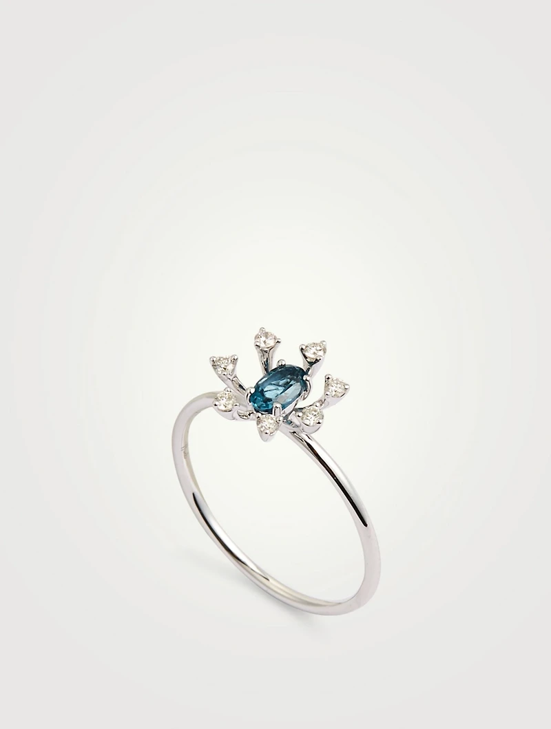 Bestow 18K White Gold Flower Ring With Blue Topaz And Diamonds
