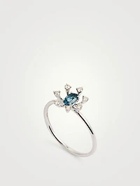 Bestow 18K White Gold Flower Ring With Blue Topaz And Diamonds