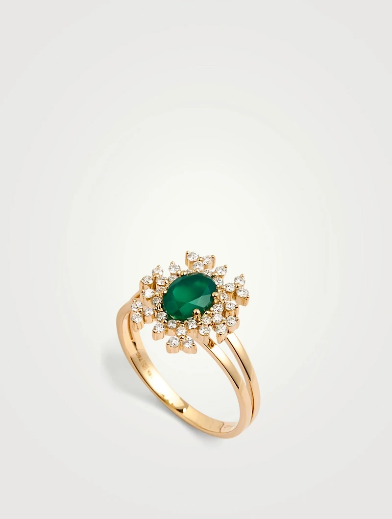 Bestow 18K Gold Flower Ring With Green Onex And Diamonds