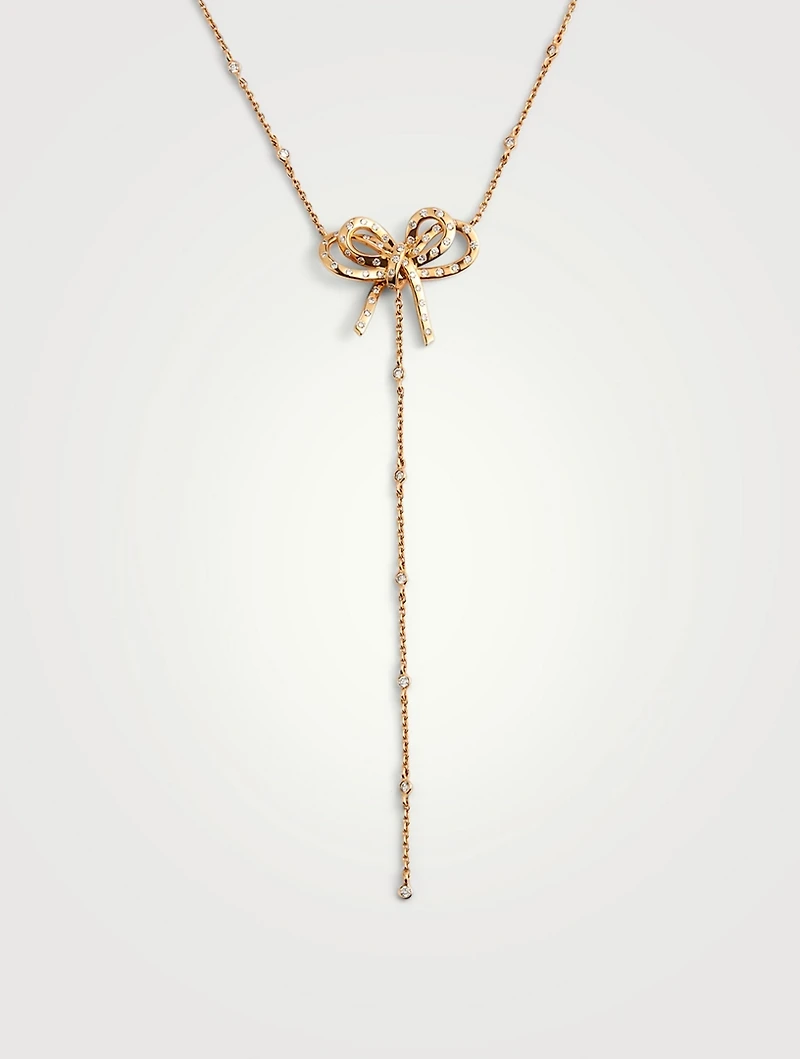 Romance 18K Rose Gold Ribbon Lariat Necklace With Diamonds