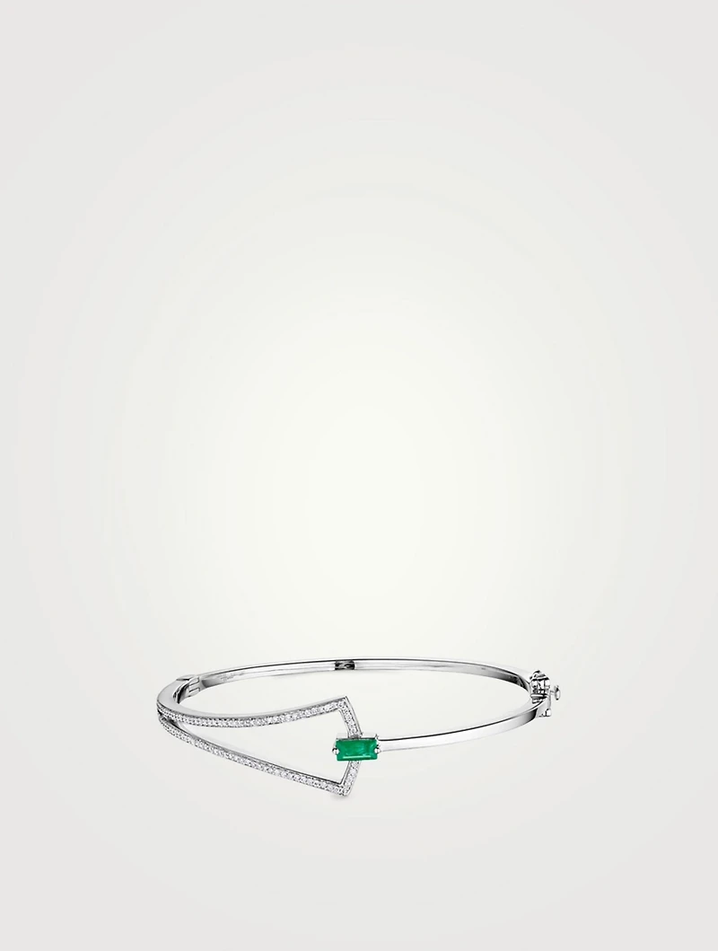 Spectrum 18K White Gold Bangle Bracelet With Diamonds And Emerald