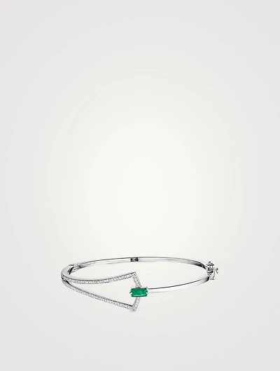 Spectrum 18K White Gold Bangle Bracelet With Diamonds And Emerald