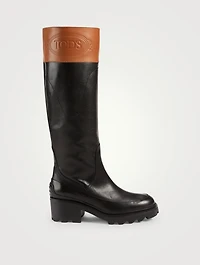Logo-Debossed Leather Knee-High Boots