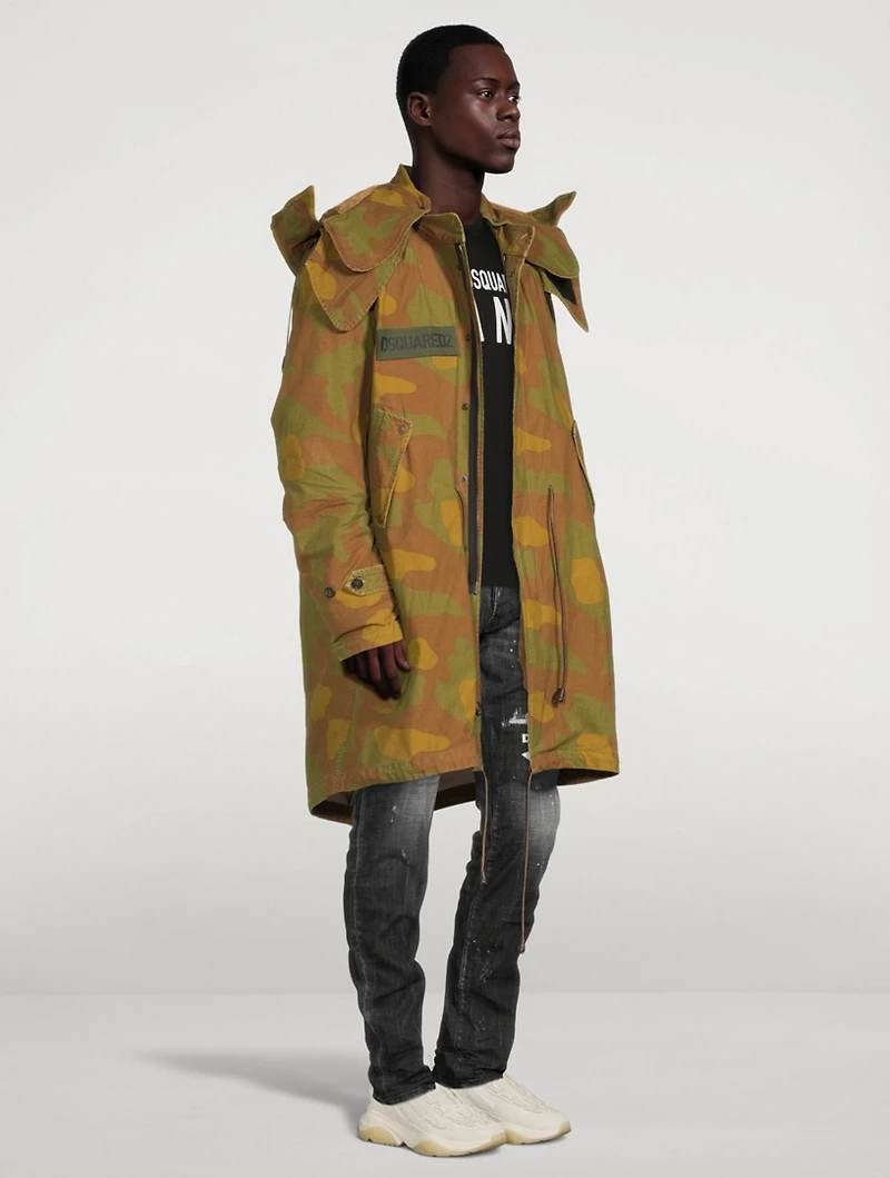 Hooded Parka Coat Camo Print