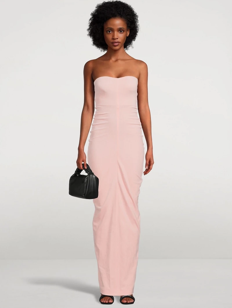 Ruched Velour Strapless Long Column Dress