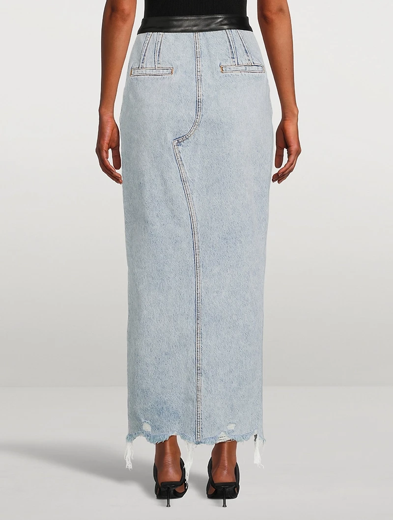 Leather-Trimmed Denim Maxi Skirt with Boning