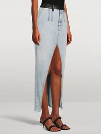 Leather-Trimmed Denim Maxi Skirt with Boning