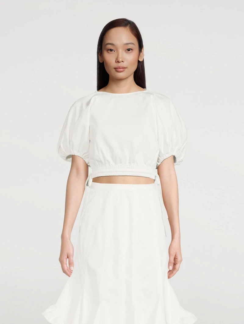 Adelle Drill Balloon-Sleeve Crop Top