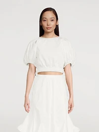 Adelle Drill Balloon-Sleeve Crop Top