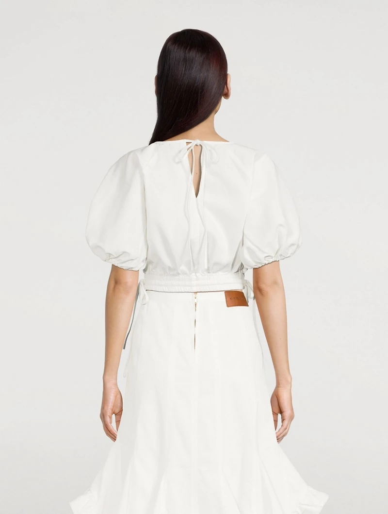 Adelle Drill Balloon-Sleeve Crop Top