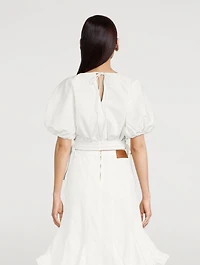 Adelle Drill Balloon-Sleeve Crop Top