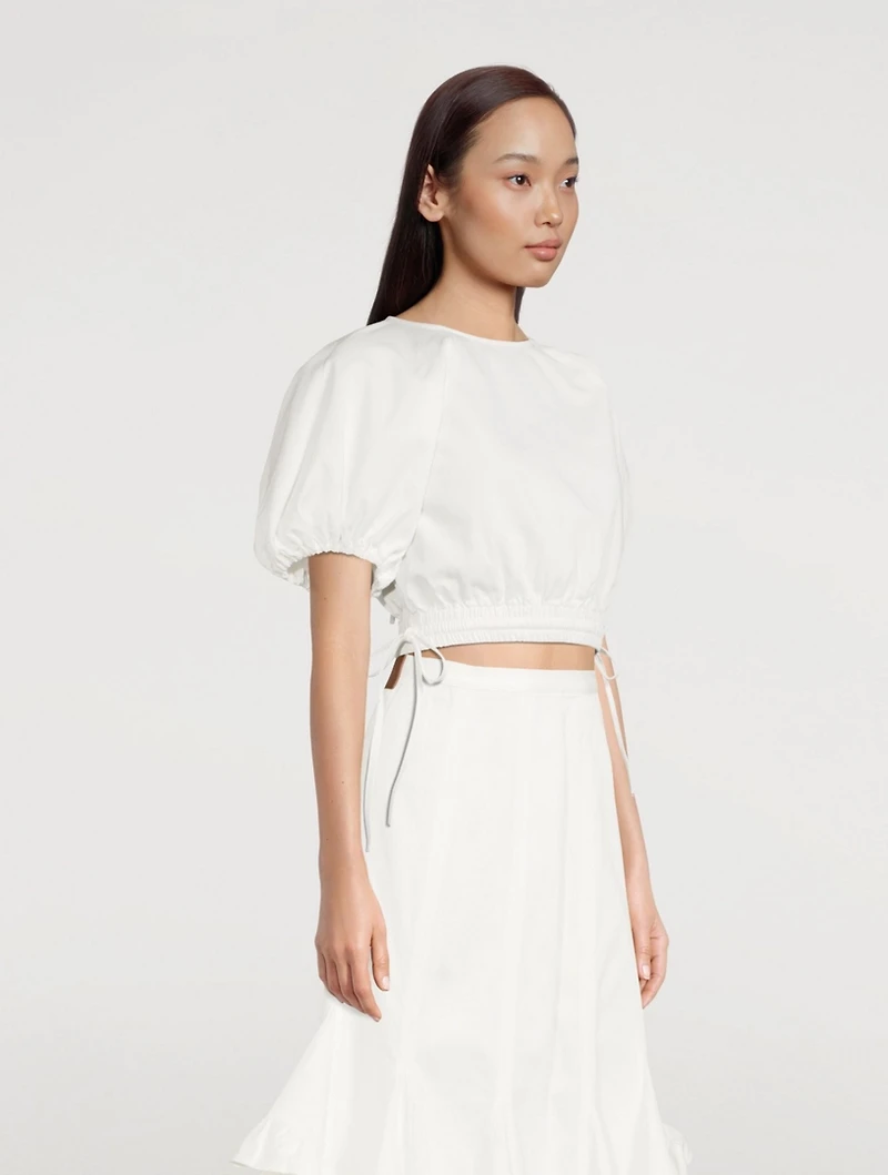 Adelle Drill Balloon-Sleeve Crop Top