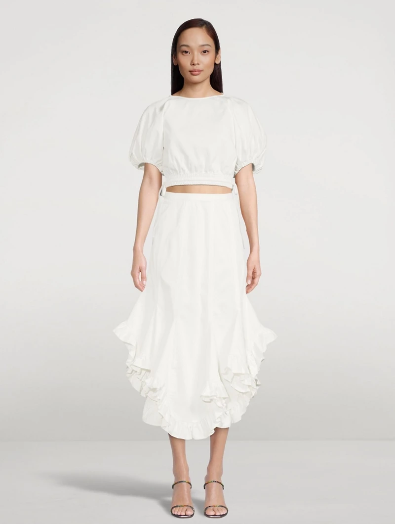 Adelle Drill Balloon-Sleeve Crop Top