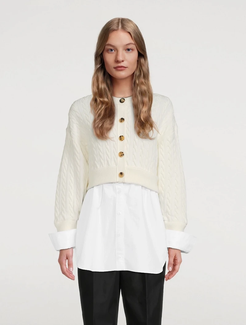 Cotton Oxford And Wool Cable Knit Layered Top