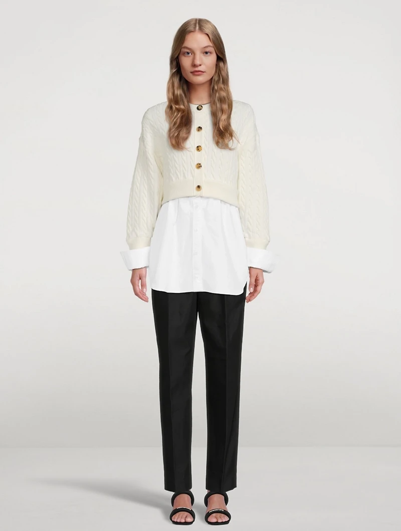 Cotton Oxford And Wool Cable Knit Layered Top