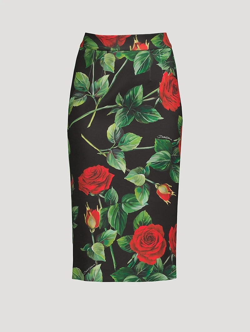 Neoprene Pencil Skirt Rose Print