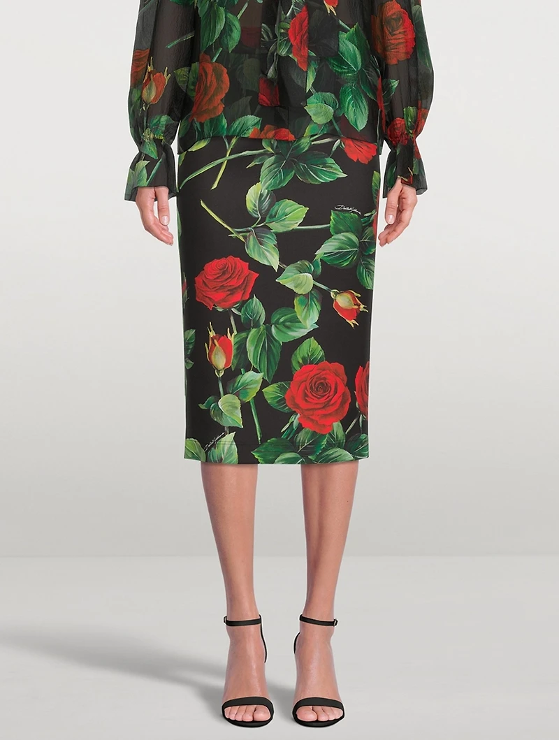 Neoprene Pencil Skirt Rose Print