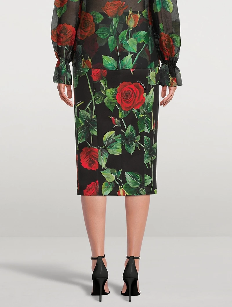 Neoprene Pencil Skirt Rose Print