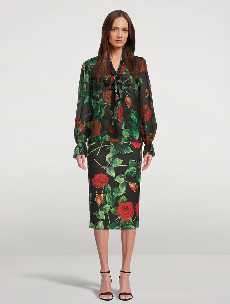 Neoprene Pencil Skirt Rose Print