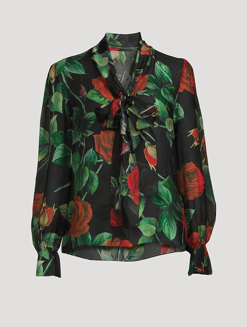 Silk Chiffon Pussy-Bow Blouse Rose Print