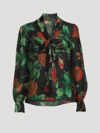 Silk Chiffon Pussy-Bow Blouse Rose Print
