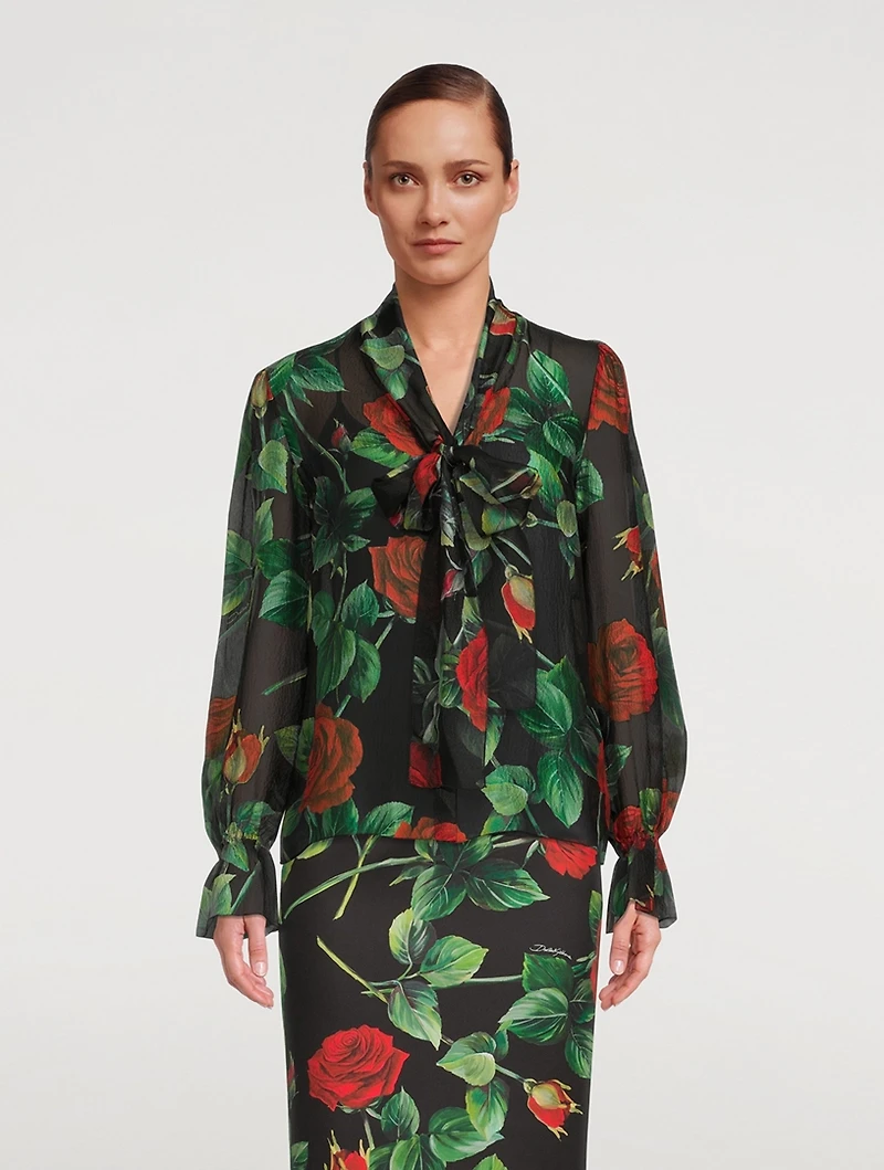 Silk Chiffon Pussy-Bow Blouse Rose Print